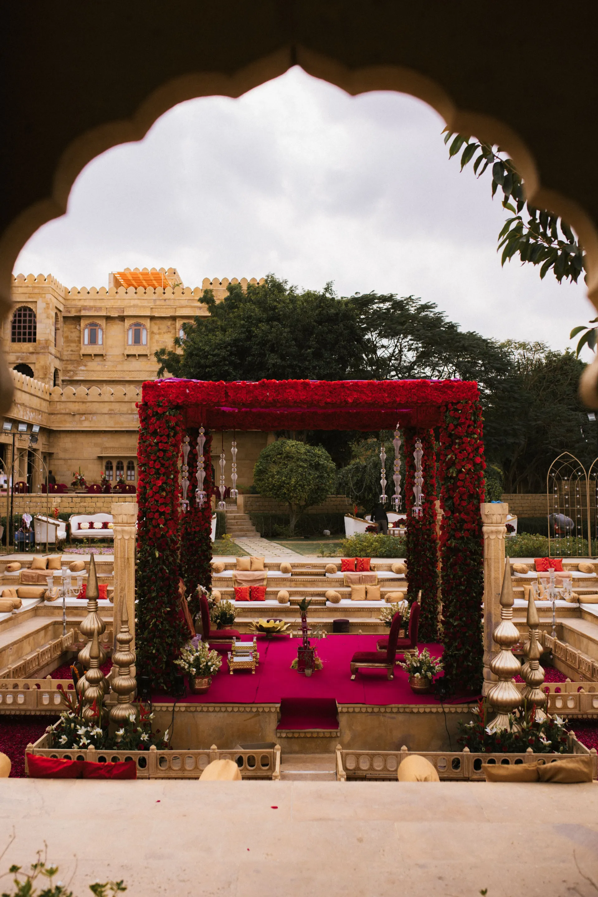 Royal Rajasthani wedding décor with marigolds and brass lamps